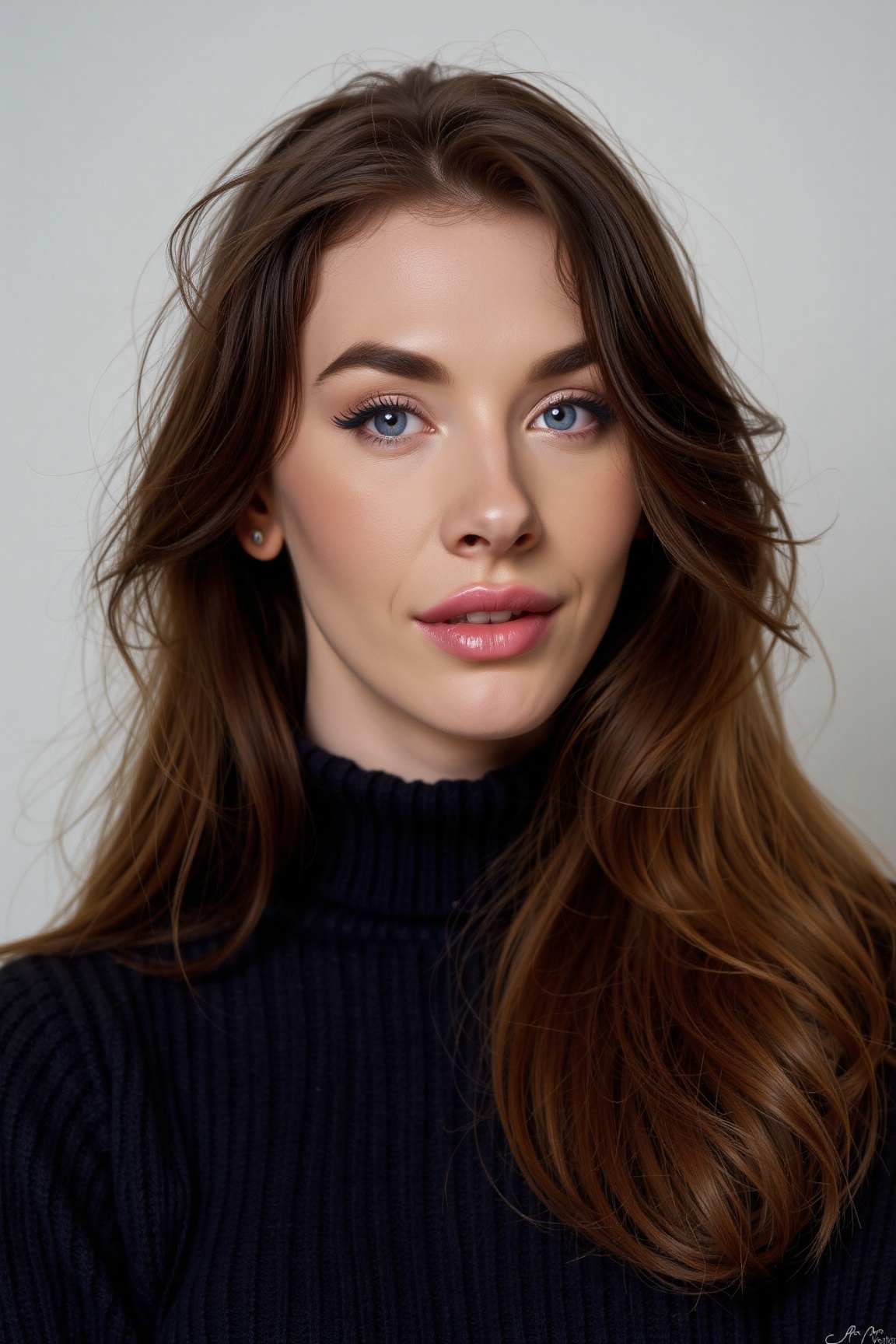 "A highly detailed fine art upper body portrait photo of a hot girl with long brunette hair,  blue eyes SAStyle,  wearing...