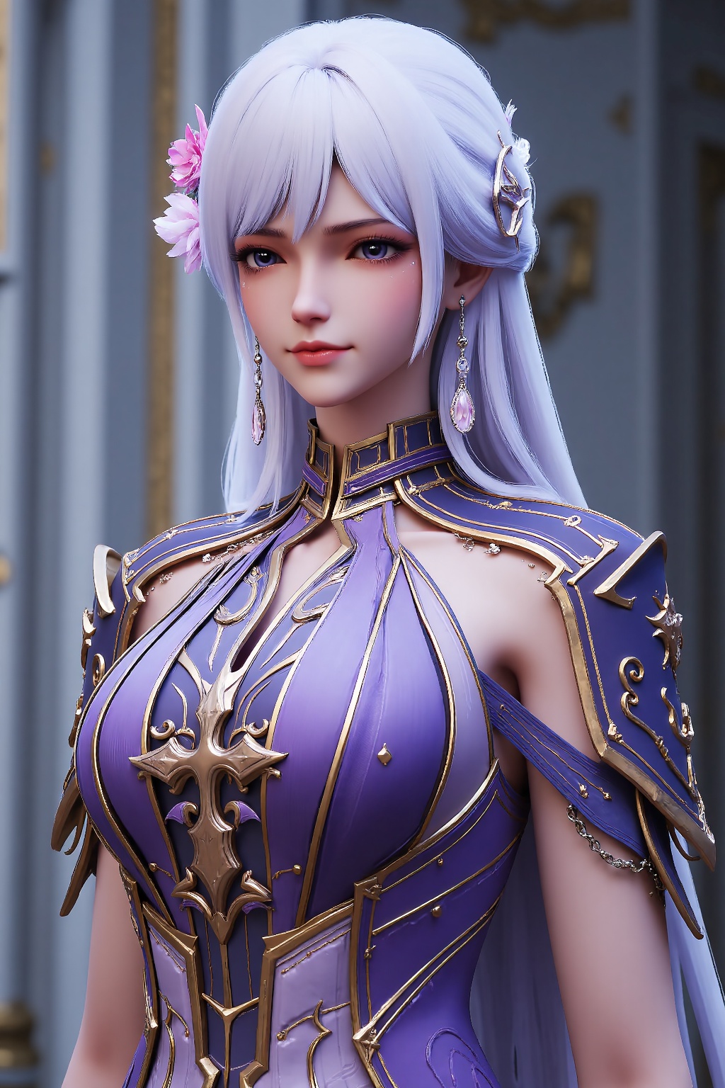 The image depicts a character with long,  flowing white hair adorned with pink flowers. The character is wearing an elabor...