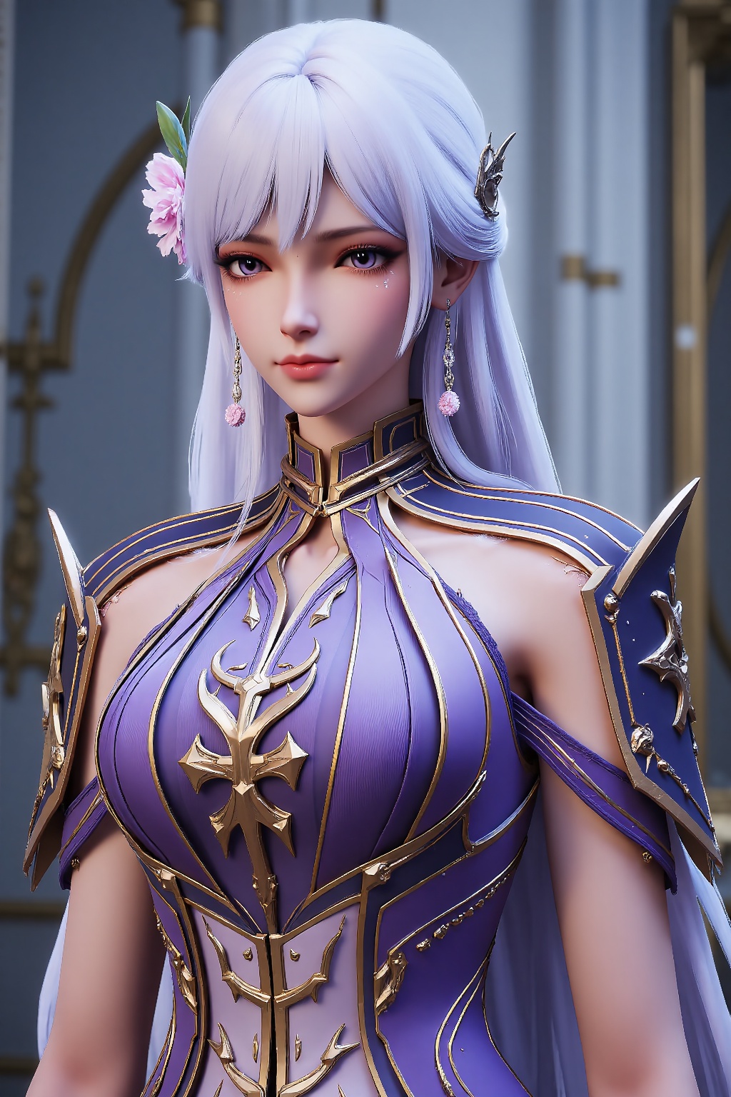 The image depicts a character with long,  flowing white hair adorned with pink flowers. The character is wearing an elabor...