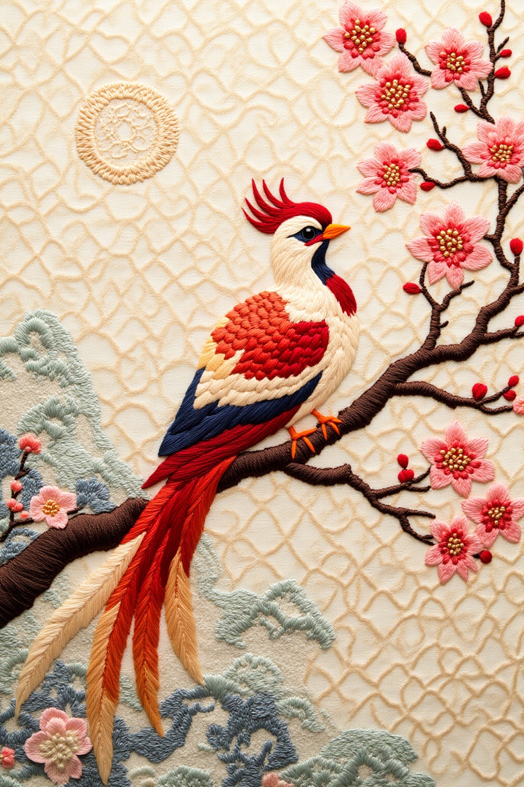 ddd Embroidery style a close-up captures a vibrant red white and blue bird perched on a tree branch. The bird's body is ad...