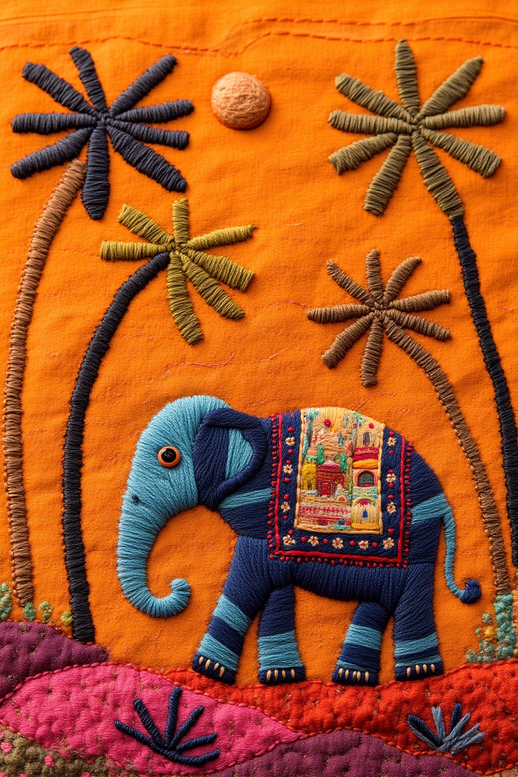 ddd Embroidery style a close-up captures a detailed embroidery of an elephant adorned with a red and blue blanket. The ele...