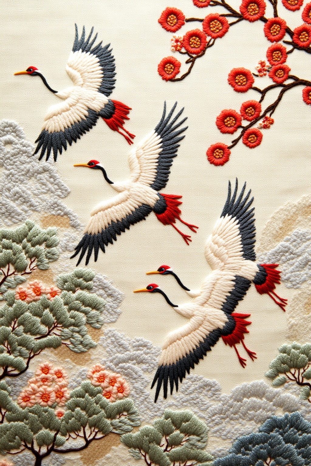 ddd Embroidery style Captured from a close-up eye-level perspective a tapestry of three cranes flying in the air with thei...