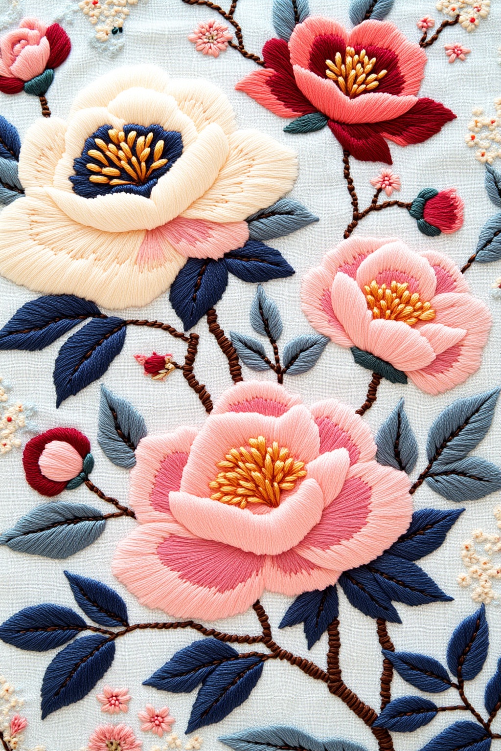 ddd Embroidery style a close-up eye-level shot captures a detailed detailed floral pattern on a light blue background. The...