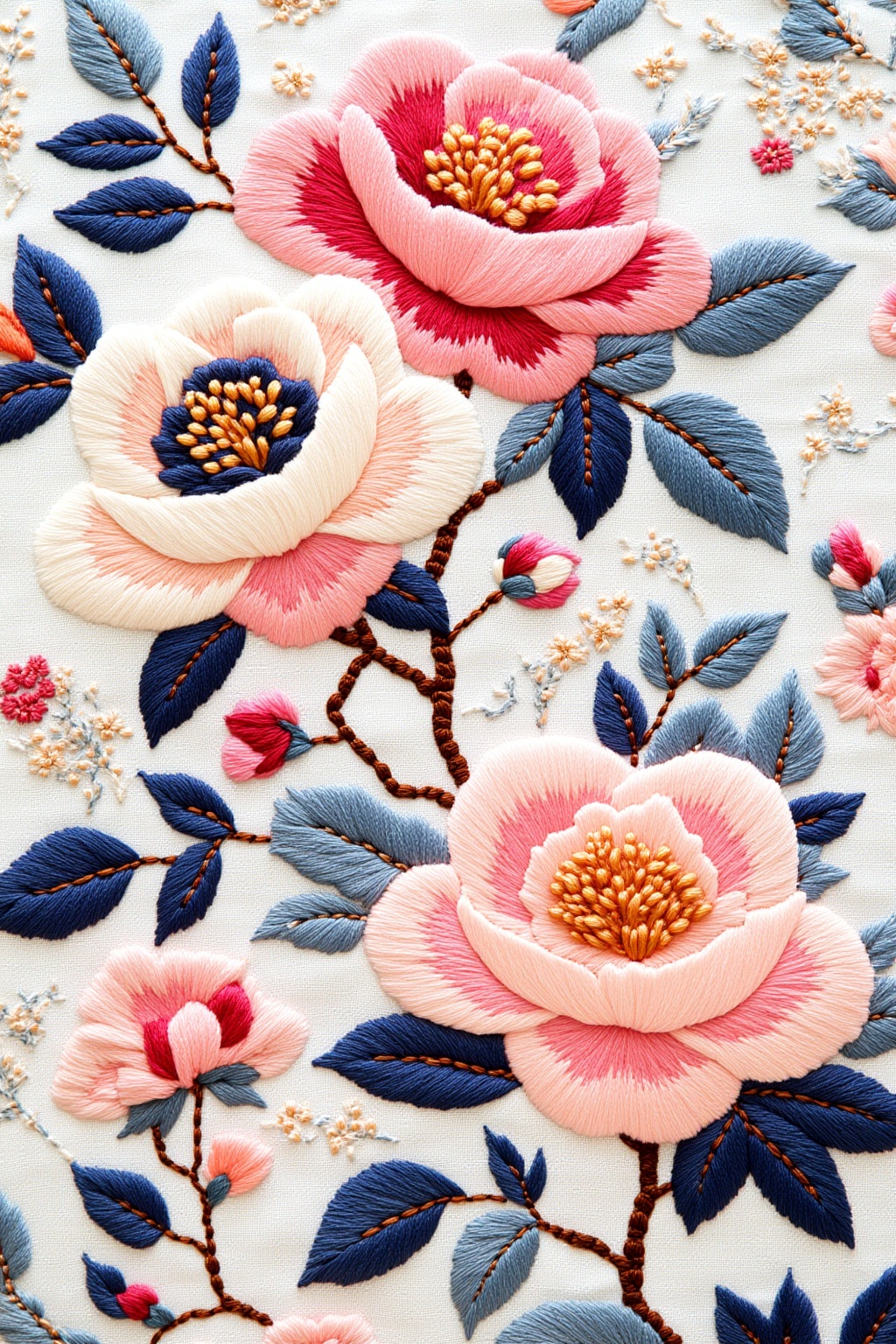 ddd Embroidery style a close-up eye-level shot captures a detailed detailed floral pattern on a light blue background. The...