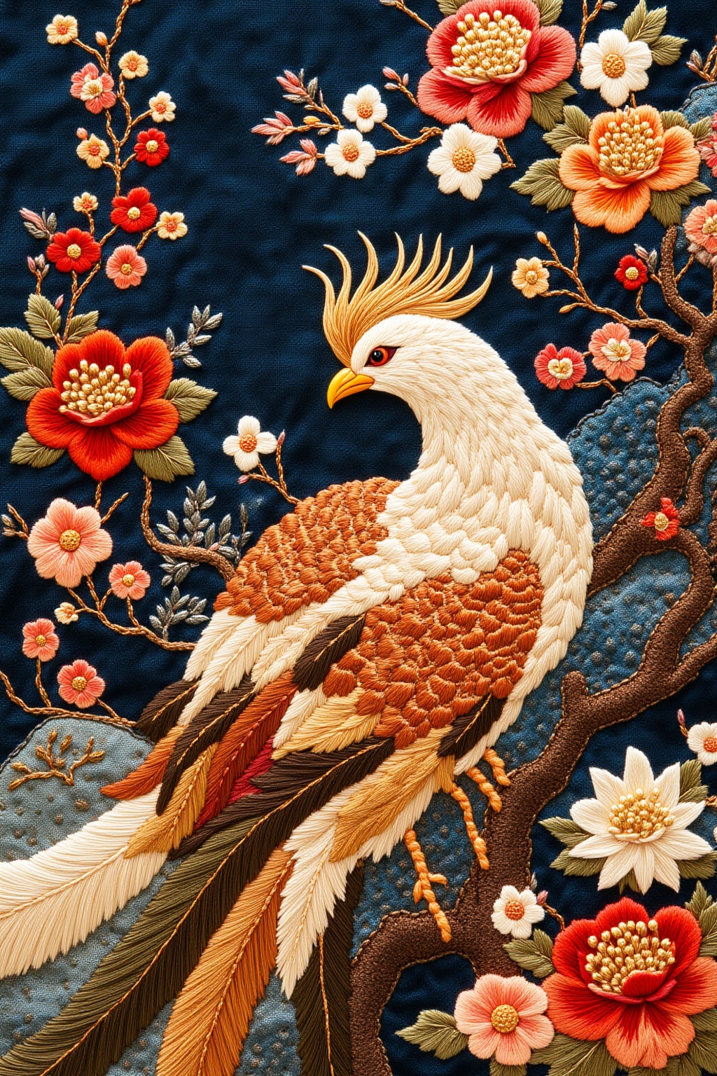 ddd Embroidery style a detailed painting of a rooster stands against a backdrop of a dark blue backdrop. The rooster's fea...