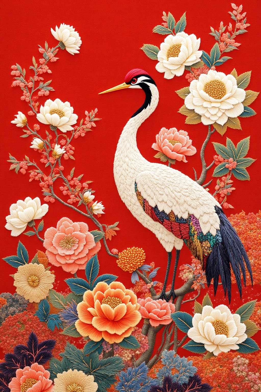 ddd Embroidery style a painting of a crane stands on a branch its long neck stretched out in front of it. The crane is ado...