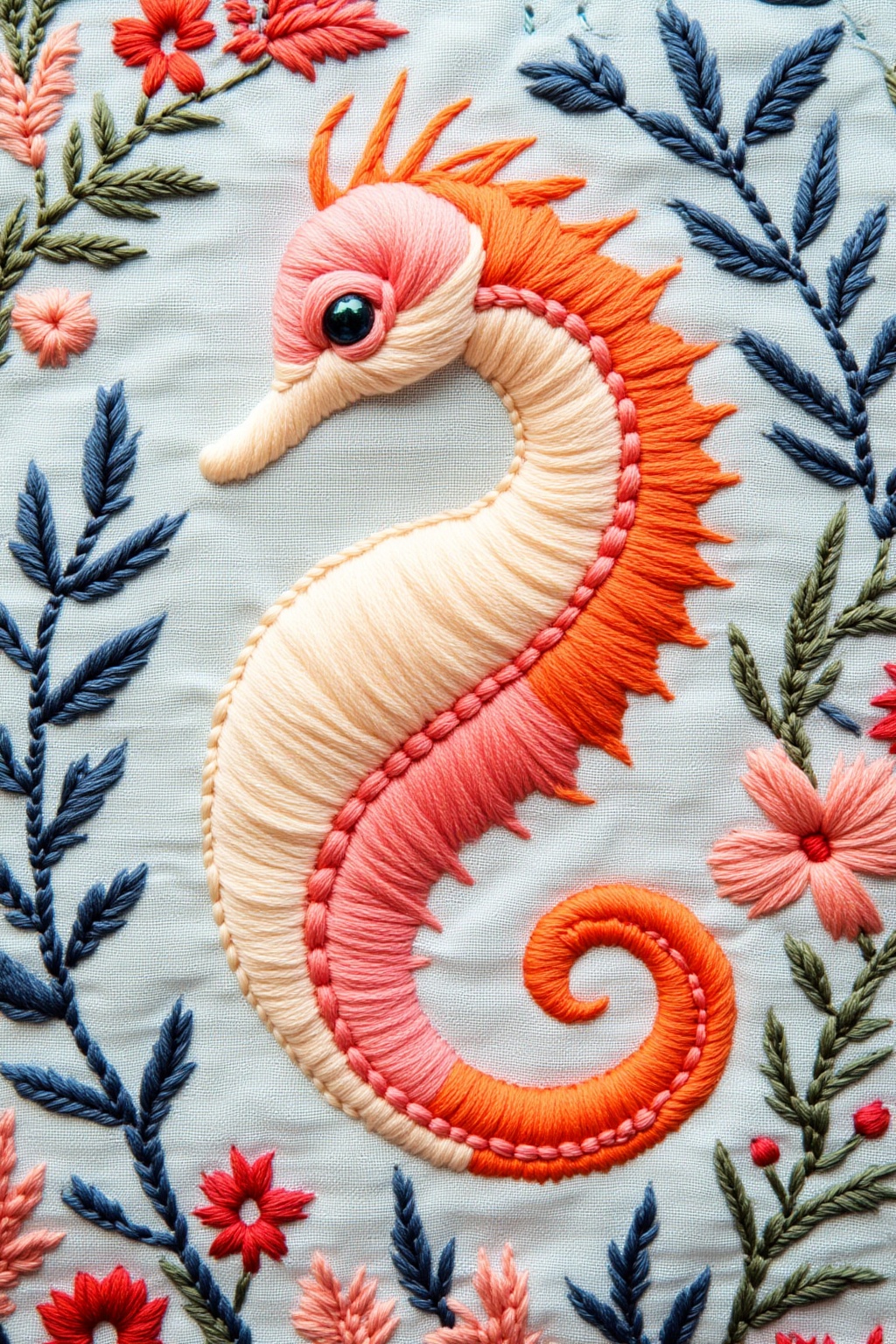 ddd Embroidery style A close-up view of a seahorse embroidered on a light blue fabric. The seashore is a vibrant shade of...