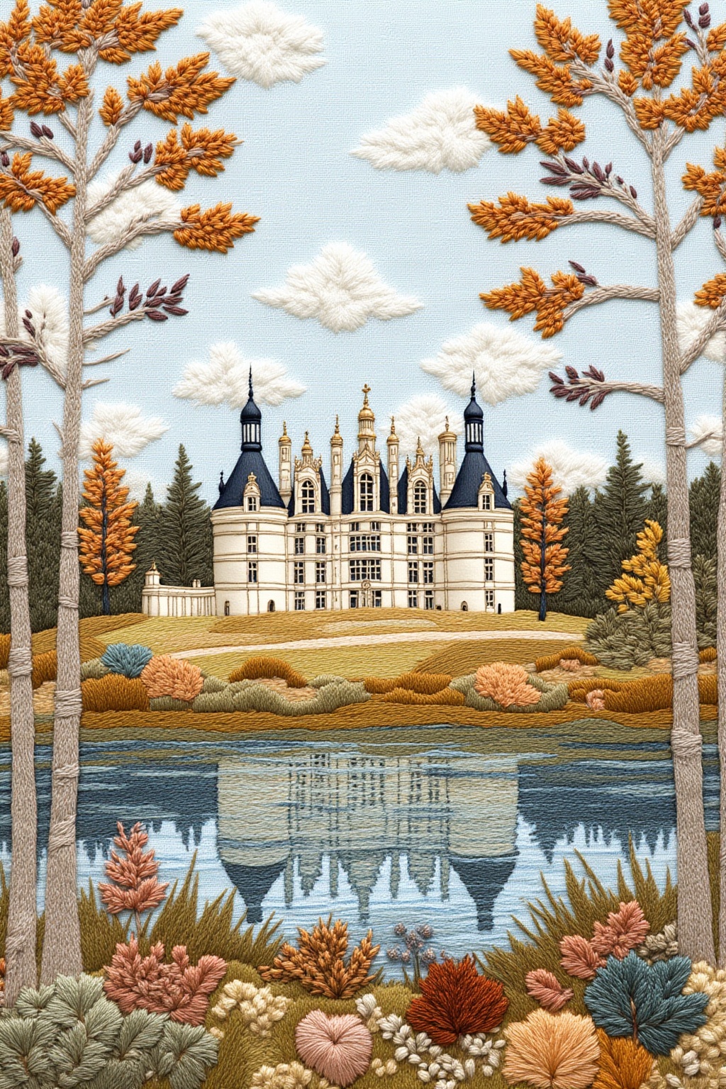 ddd Embroidery style Captured at eye-level on a tapestry a detailed illustration of a large ornate white building stands o...