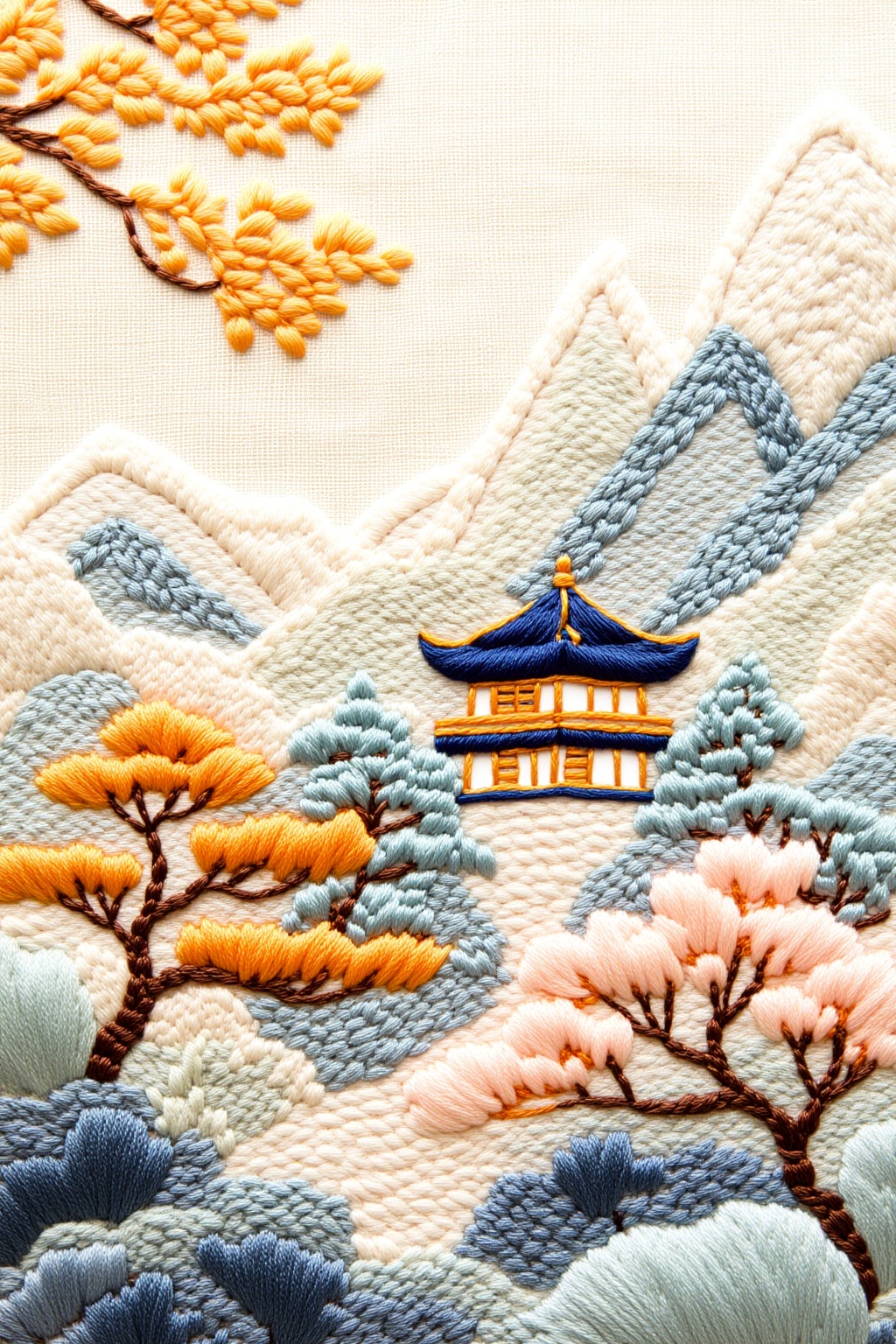ddd Embroidery style Captured at eye-level a close-up captures a detailed embroidery image of a Japanese temple adorned wi...