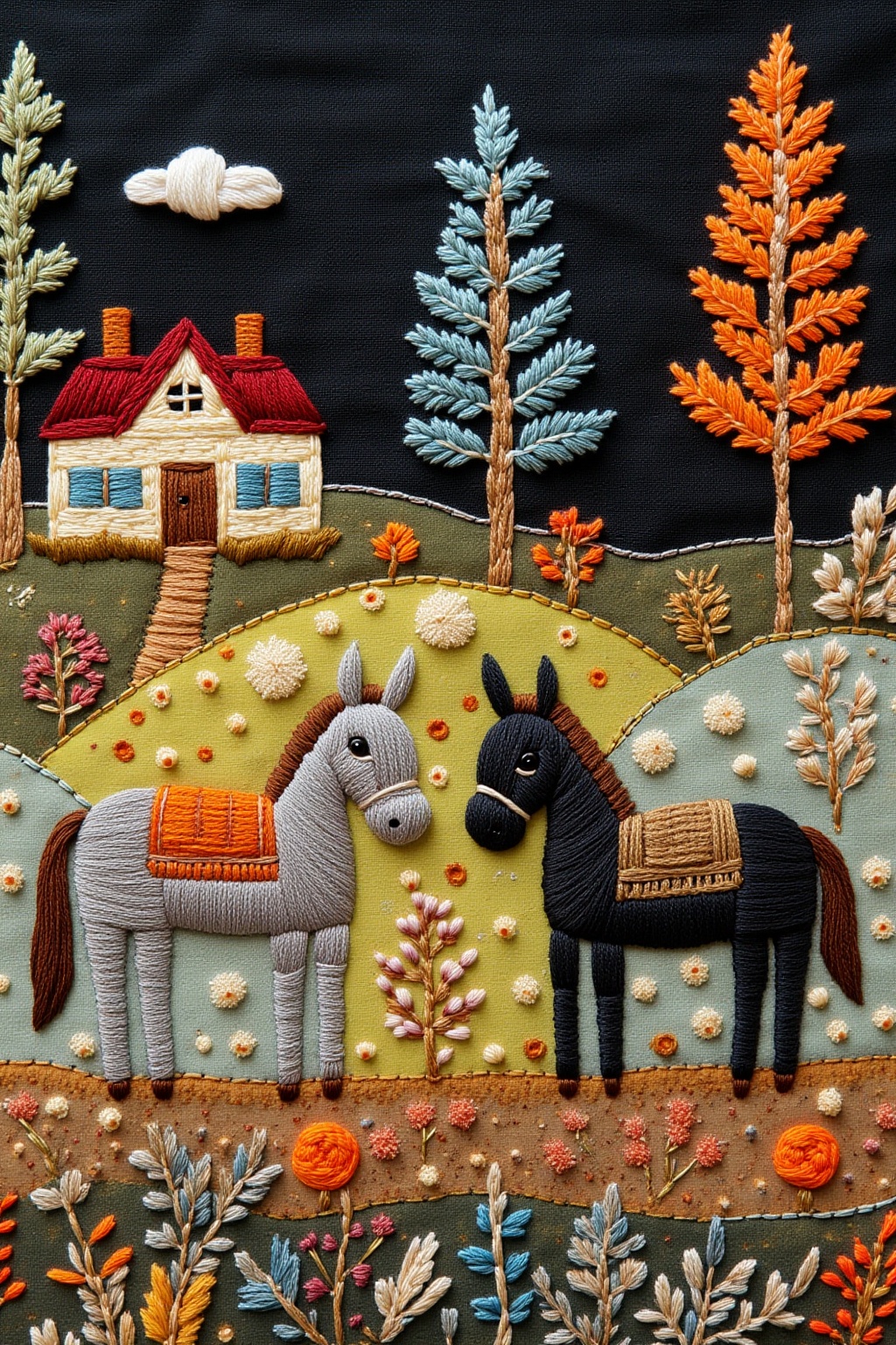 ddd Embroidery style Captured from a close-up eye-level perspective a detailed embroidery depicts two donkeys one of which...
