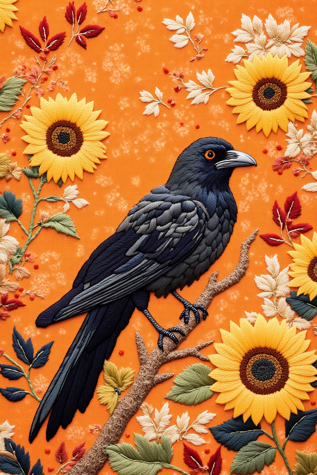 ddd Embroidery style a medium-sized black crow is perched on a branch facing the viewer. The bird's head is turned slightl...