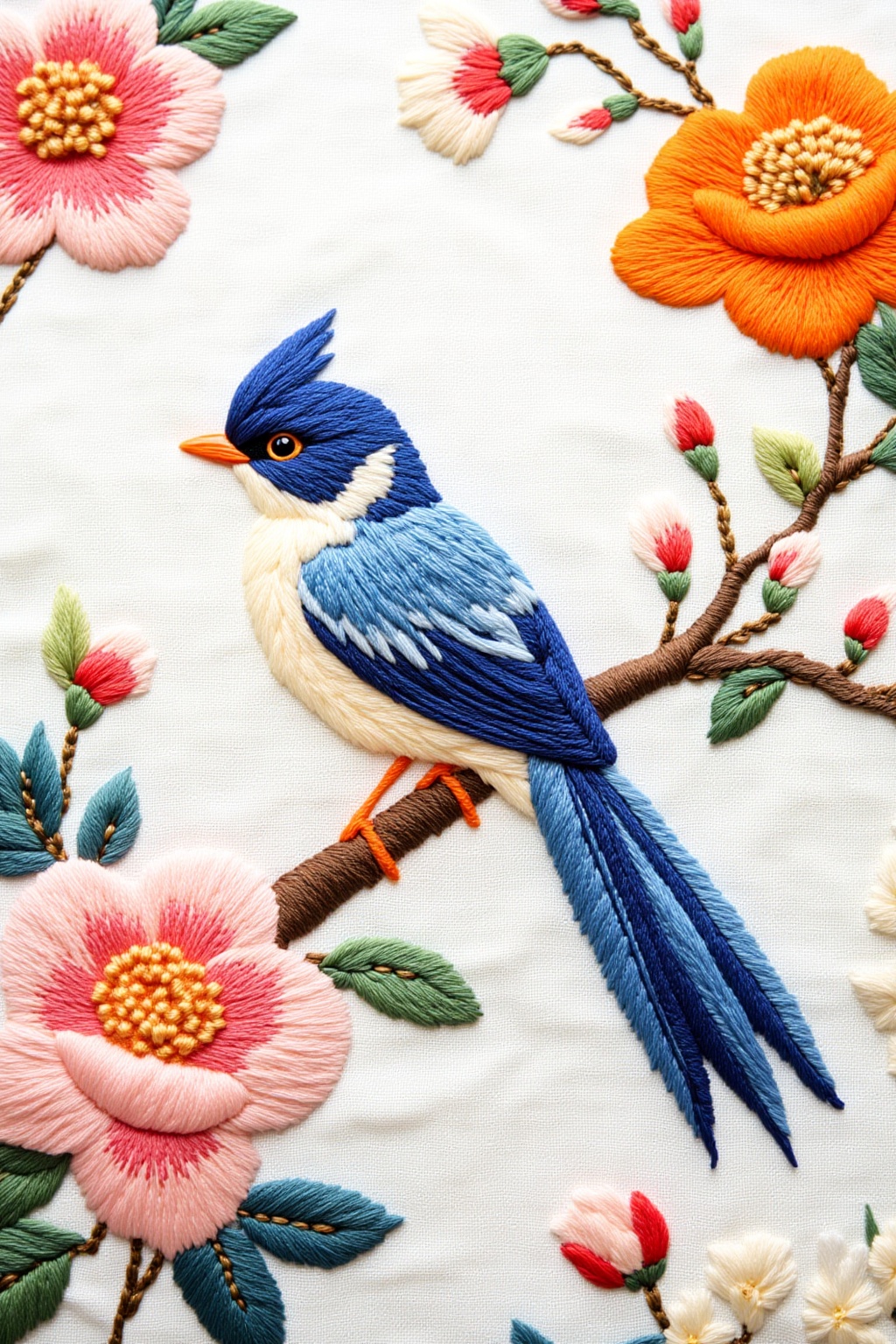 ddd Embroidery style A close-up view of a blue and white bird perched on a branch with an orange beak. The bird has a blue...