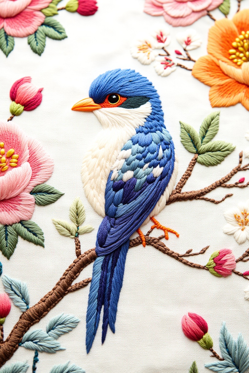ddd Embroidery style A close-up view of a blue and white bird perched on a branch with an orange beak. The bird has a blue...