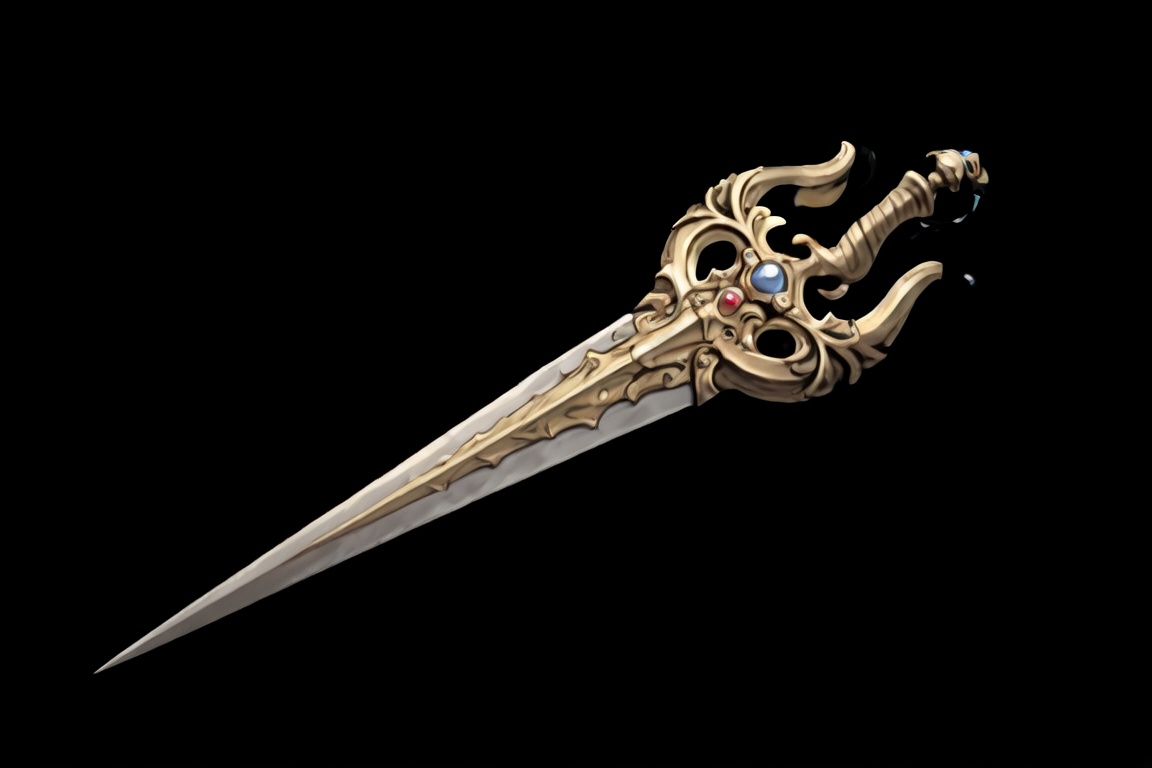 A high-quality DFStyleAnima illustration of a stylized dagger with a slightly curved,  silvery blade that is wider at the...