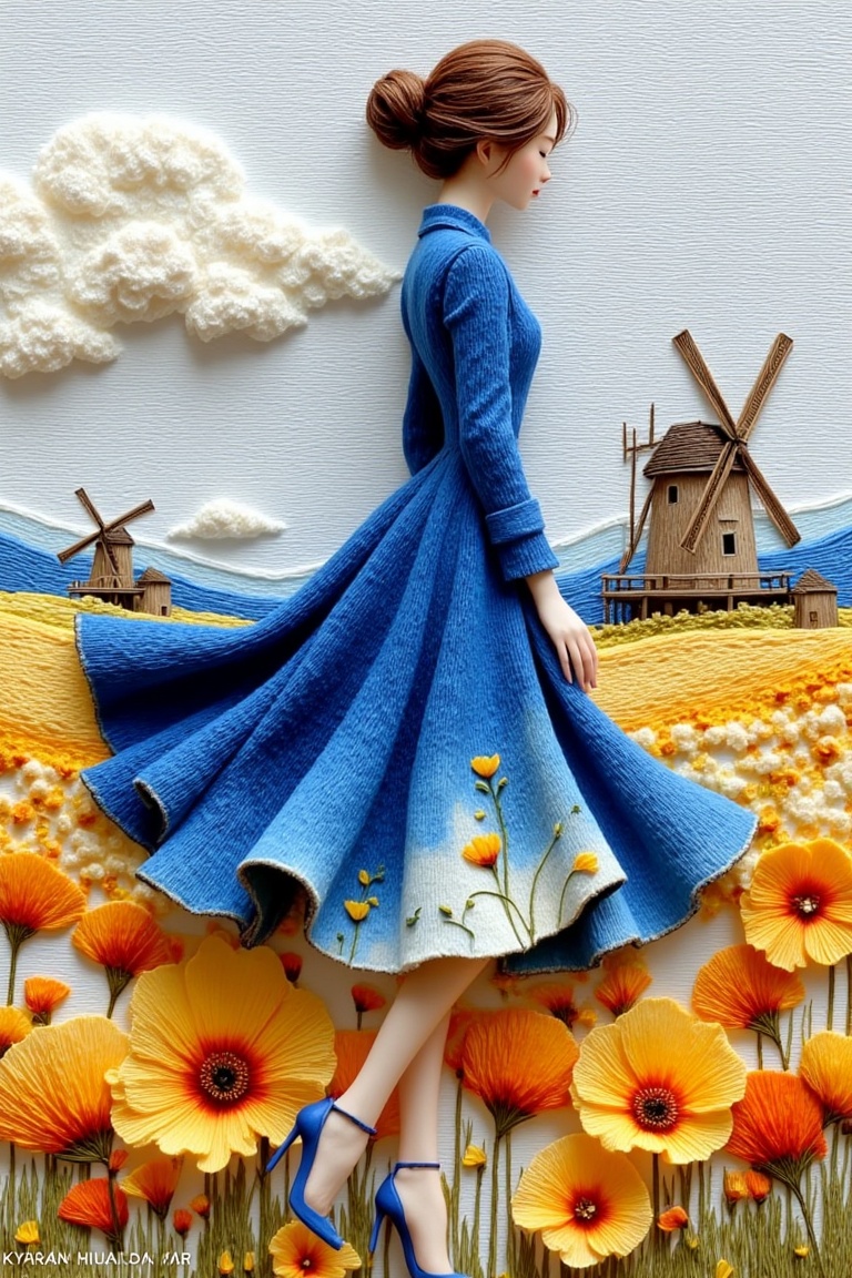 This image is a piece of art that combines elements of both photography and embroidery It features a woman dressed in a bl...