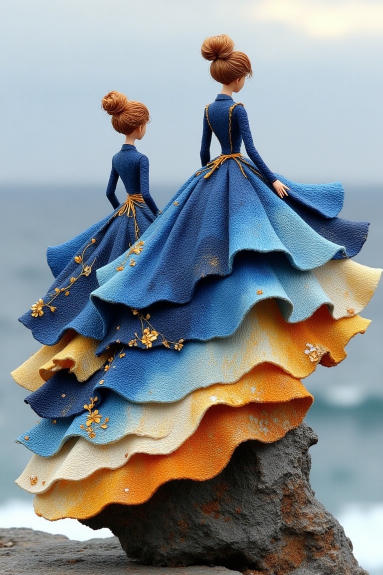 two intricately designed dolls standing on a rocky surface near the ocean Both dolls are wearing elegant,  flowing dresses...