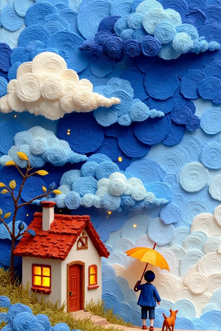 This image depicts a whimsical and artistic scene It features a small house with a red roof and a warm,  glowing light com...