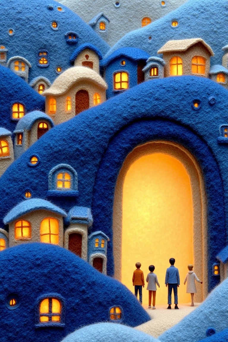 This image depicts a whimsical,  miniature village crafted from what appears to be felt or yarn The village is composed of...