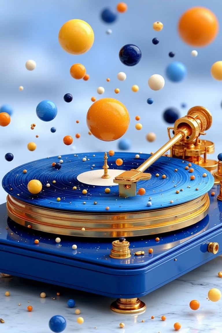 This image depicts a futuristic and whimsical scene centered around a vintage-style turntable The turntable is painted in...