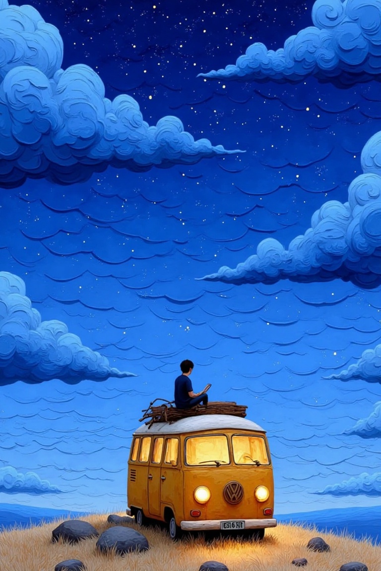 a serene and artistic scene It features a person sitting on the roof of a vintage yellow van,  gazing at a vast,  starry n...