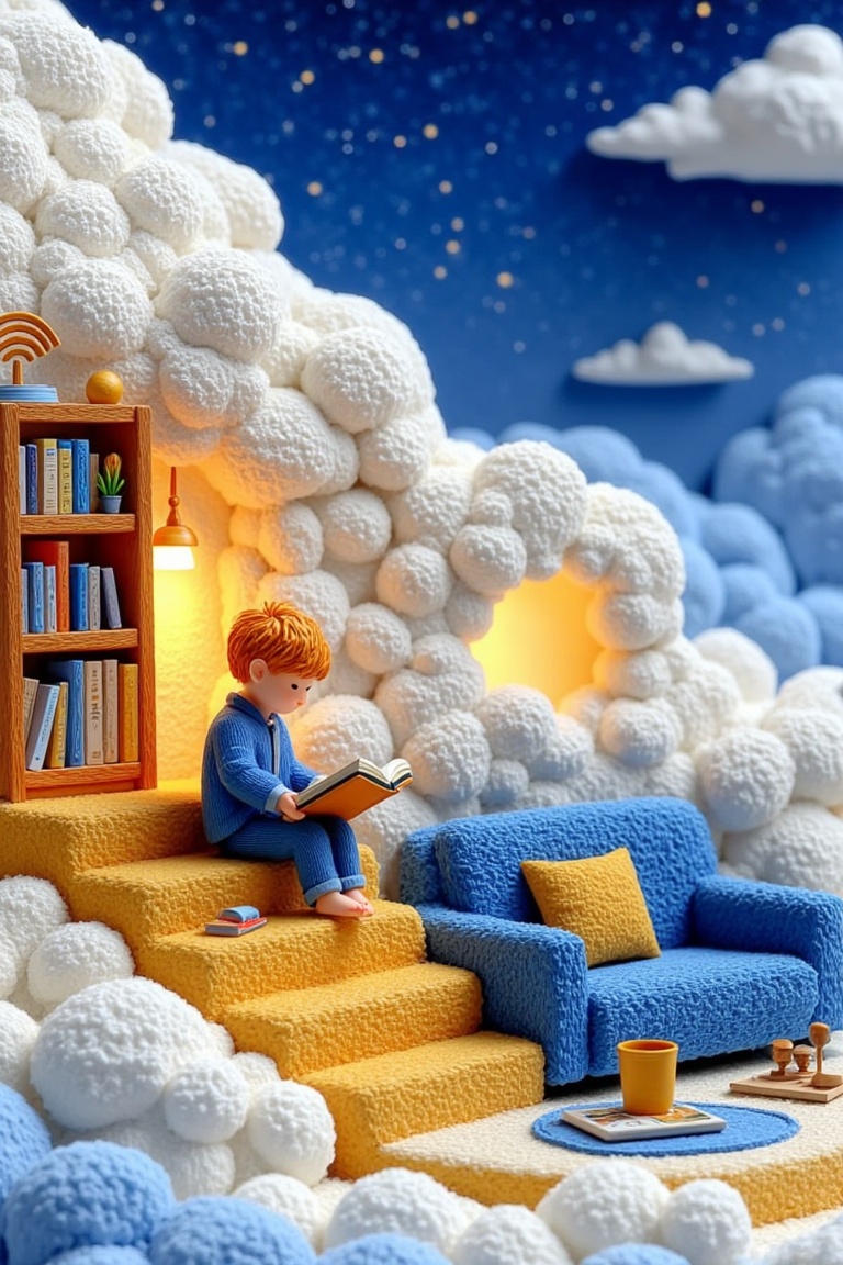 This image is a whimsical,  3D-rendered scene that combines elements of both a cozy home and a fantastical,  cloud-filled...