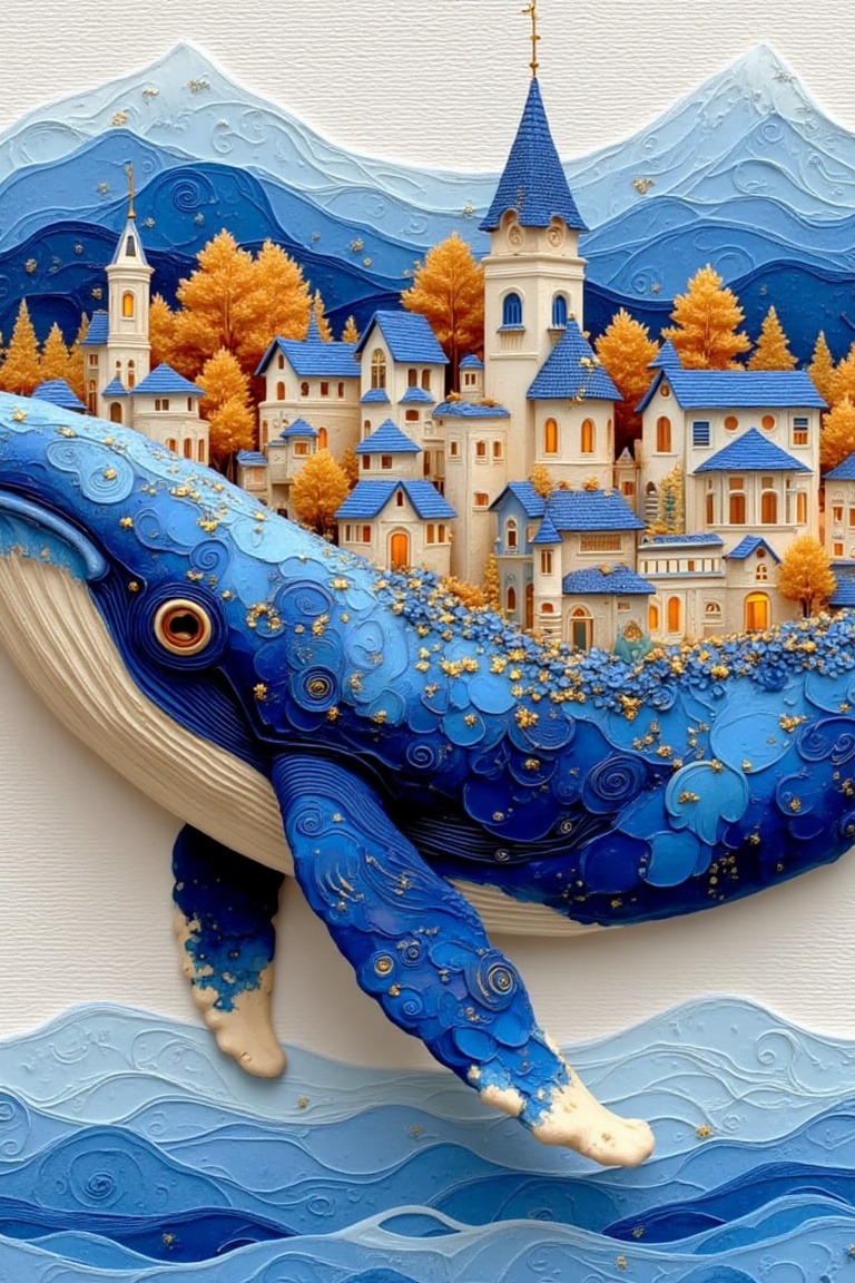 a whimsical and artistic scene where a whale is depicted as if it is carrying a miniature,  fantastical town The whale is...