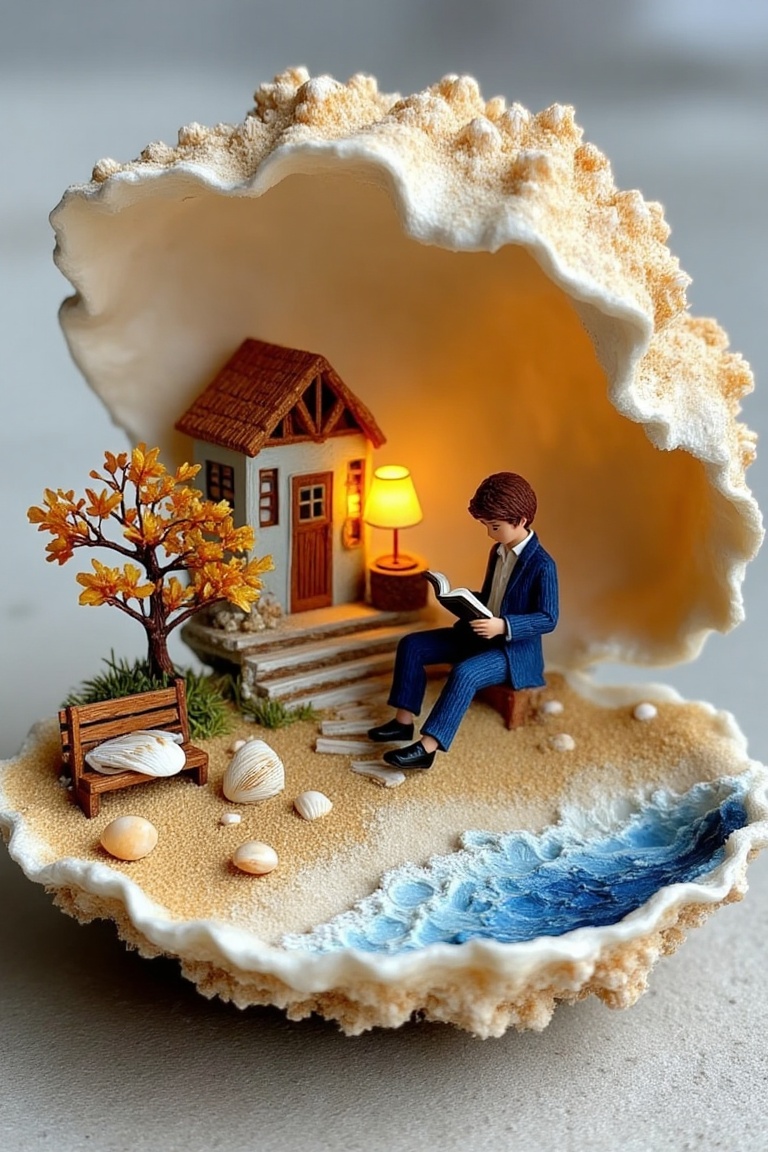 This image depicts a detailed miniature scene crafted from a seashell The scene includes a small house with a warm,  glowi...