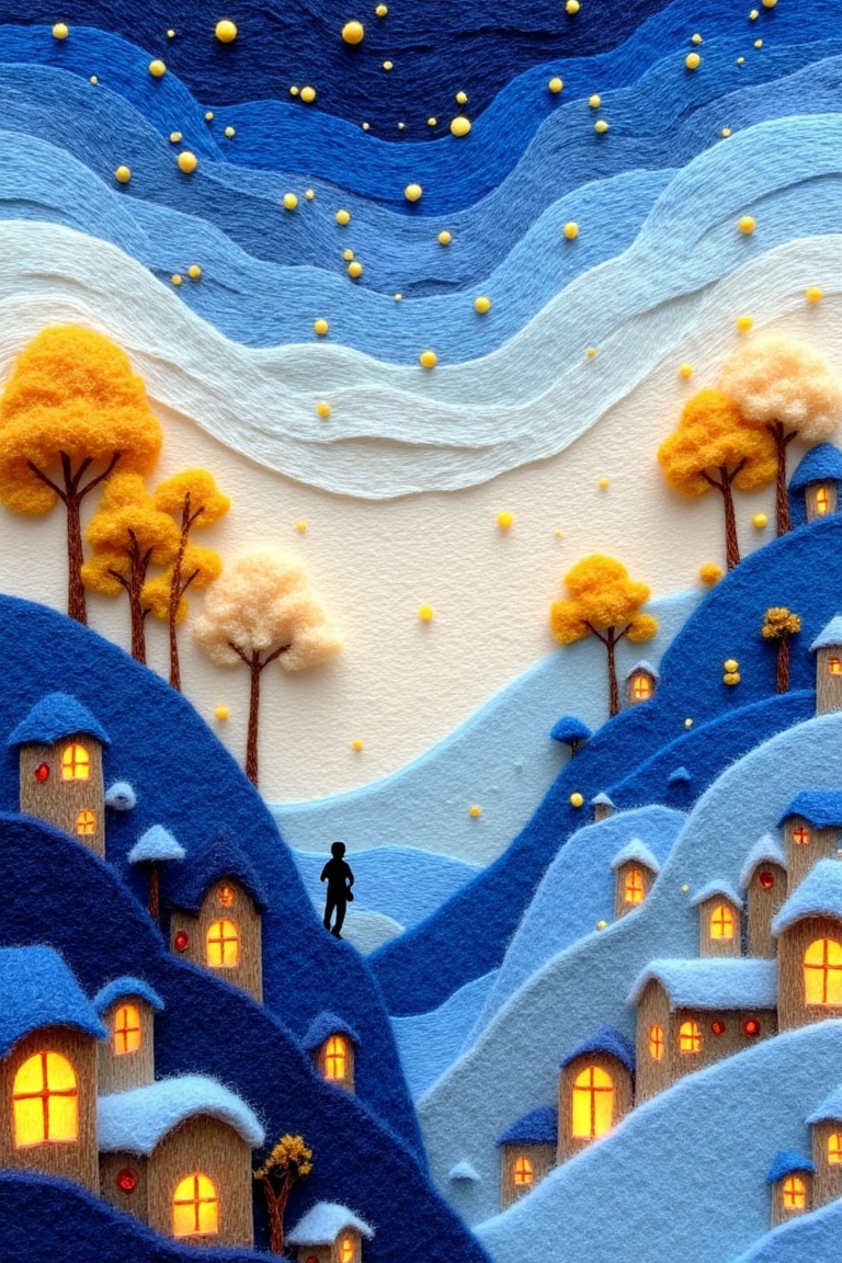 This image is a whimsical,  embroidered scene that depicts a fantastical landscape It features a small figure standing on...