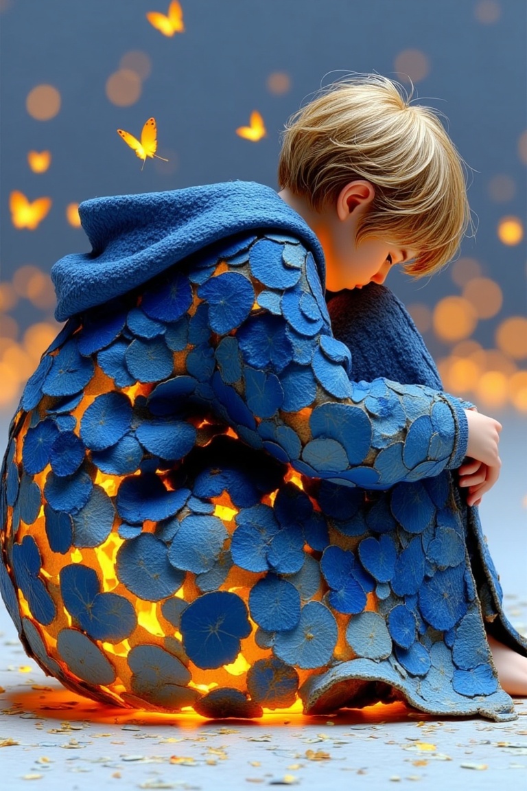 a child sitting in a contemplative pose,  wrapped in a large,  textured garment that appears to be made of blue and orange...