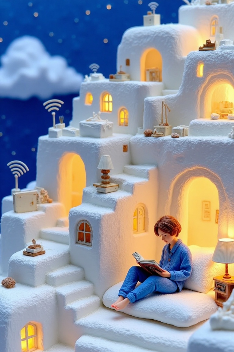 a miniature diorama of a cozy,  whimsical house made entirely of white material,  resembling snow or ice The structure is...