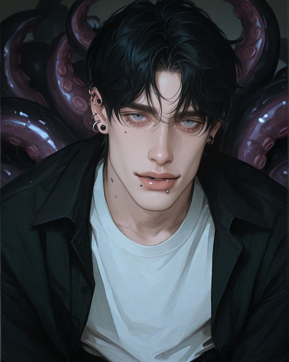 1boy,  black_hair,  ear_piercing on Tensor.Art
