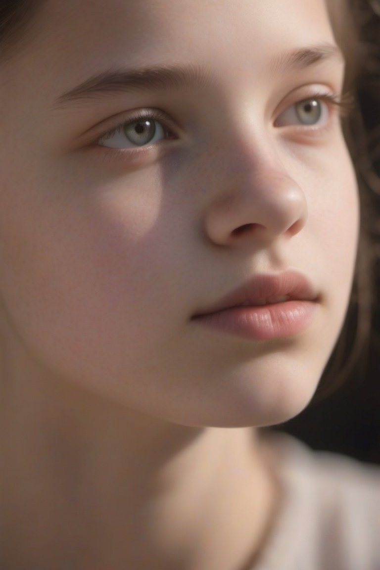 A close-up portrait of a girl in real photo style,  with sharp focus on her face and detailed skin texture. The lighting i...
