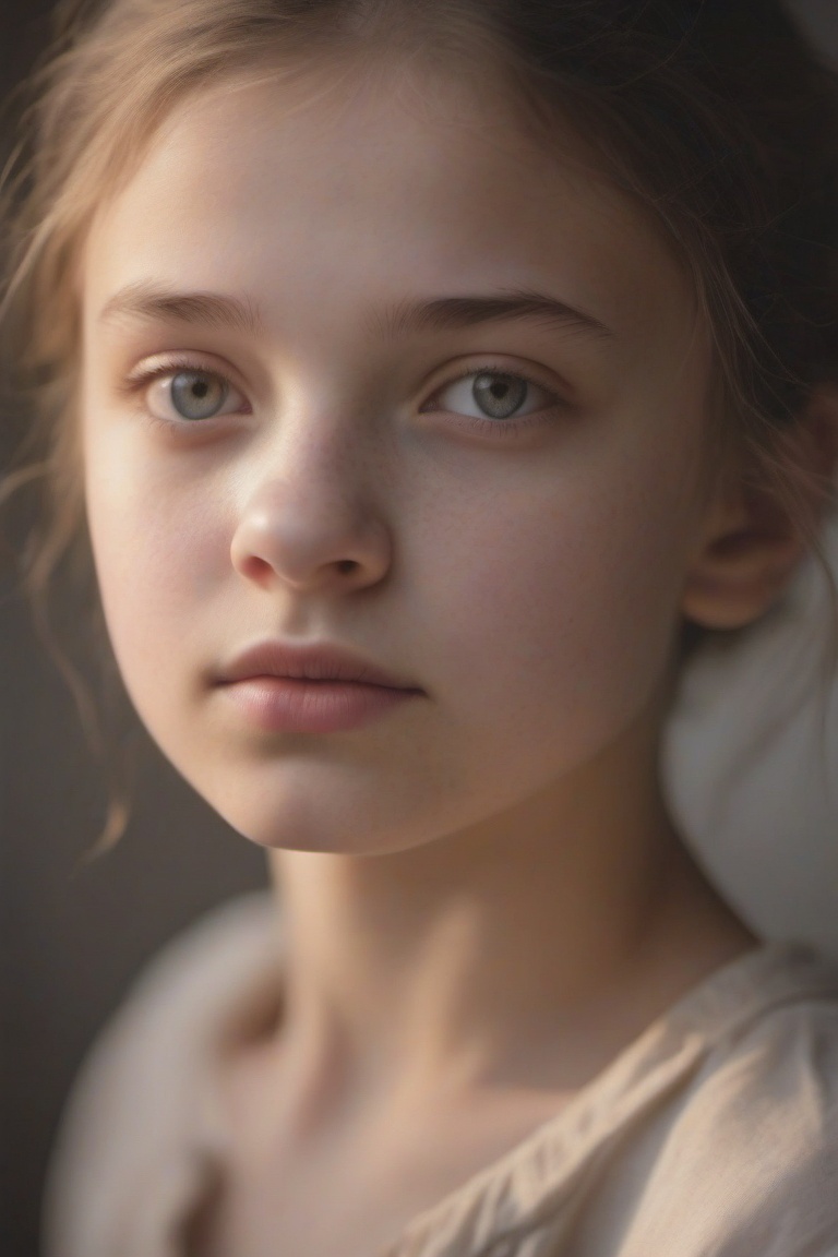 A close-up portrait of a girl in real photo style,  with sharp focus on her face and detailed skin texture. The lighting i...