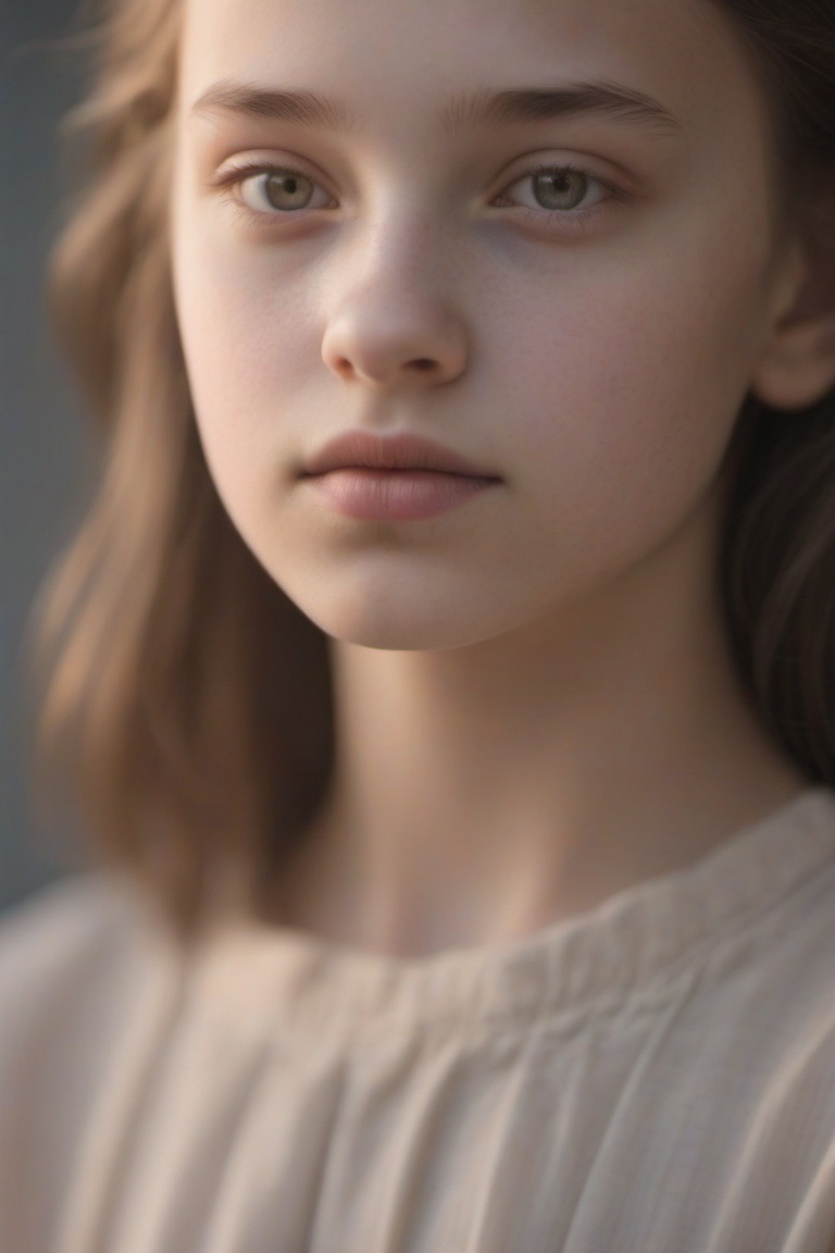 A close-up portrait of a girl in real photo style,  with sharp focus on her face and detailed skin texture. The lighting i...
