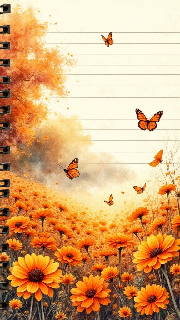 "Watercolor meets light ink ,  storybook art A spiral journal illustration of orange marigolds,  sunflowers on Tensor.Art