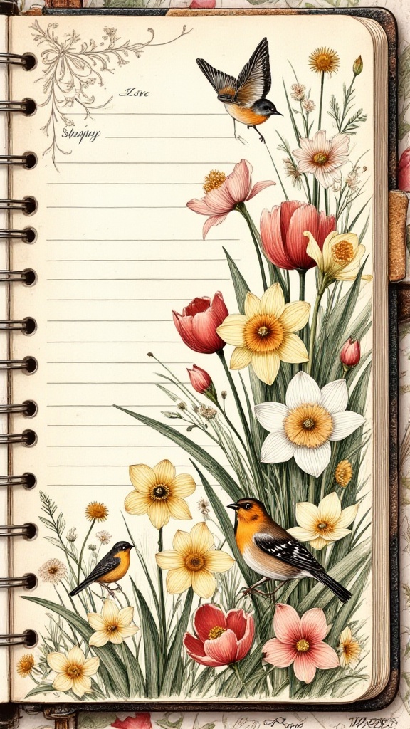 A spiral-bound vintage-style journal spread showing one page of lined parchment-like paper with faint flower etchings and...