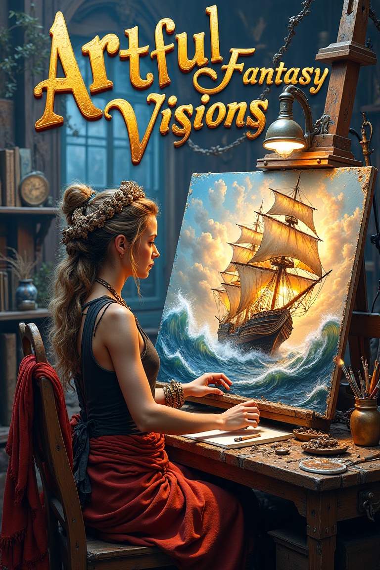 Message in in bold sparkling fantasy font at top of frame reads "Artful Fantasy Visions".,  Image depicts a Female artist...