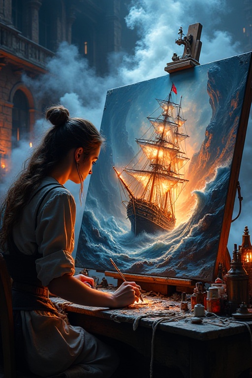 Message in dark smoke in bold eerily glowing fantasy font at top of frame reads "Artful Fantasy Visions".,  Image depicts...