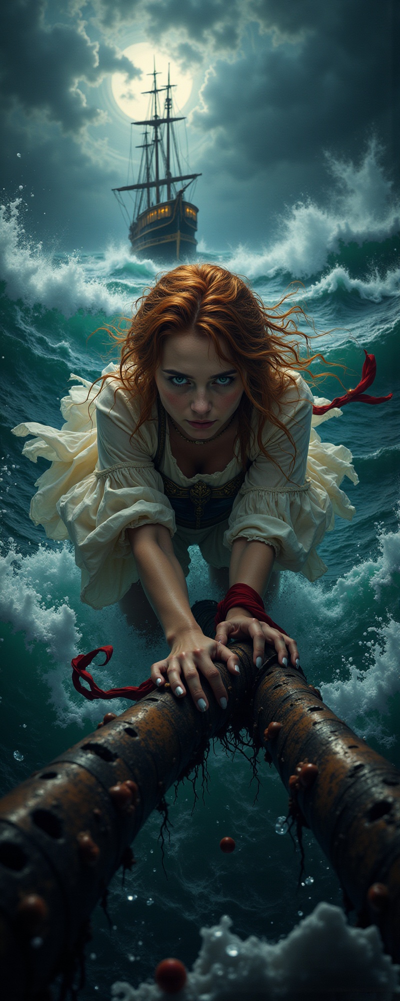 Low-angle dramatic shot – A lone young woman clings to a splintered ship beam in the heart of a raging midnight sea,  her...