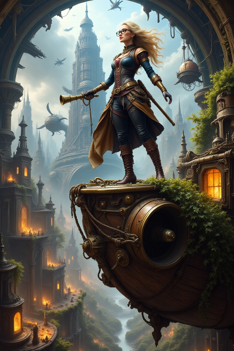 Realistic image depicting Katherine Timpf as a stunning steampunk pirate standing confidently on the bow of an impressive...