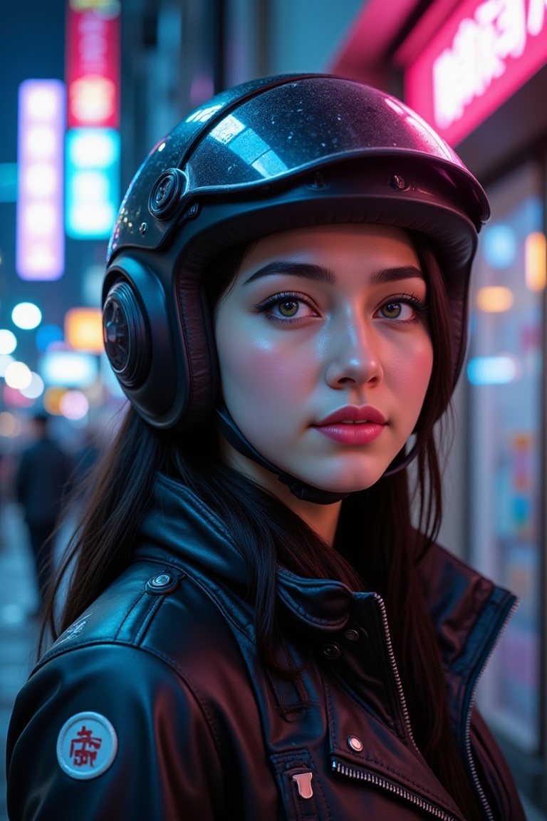 Young Asian woman with pale skin,  wearing an open-face helmet with glowing decals. Neon-lit cyberpunk city backdrop,  rai...
