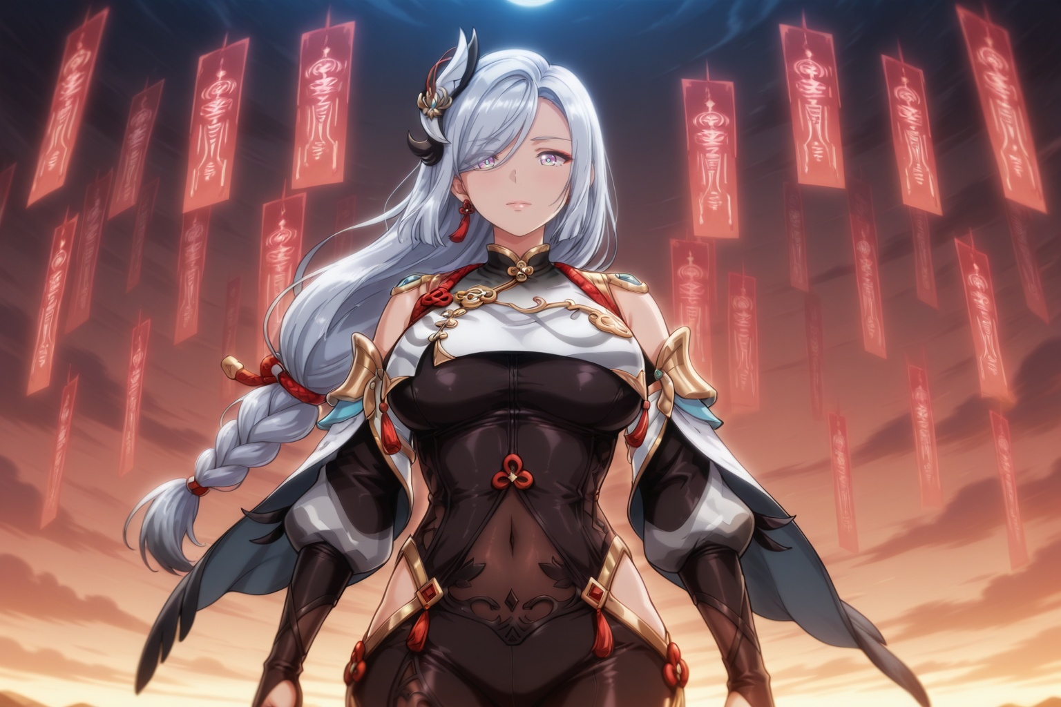 Shenhe,  exorcist warrior,  white-silver hair flowing in wind on Tensor.Art