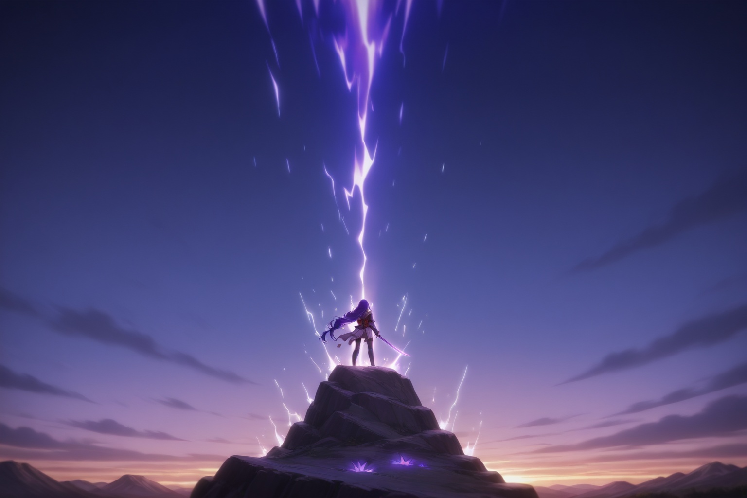 Raiden Shogun,  glowing violet aura,  long flowing hair on Tensor.Art