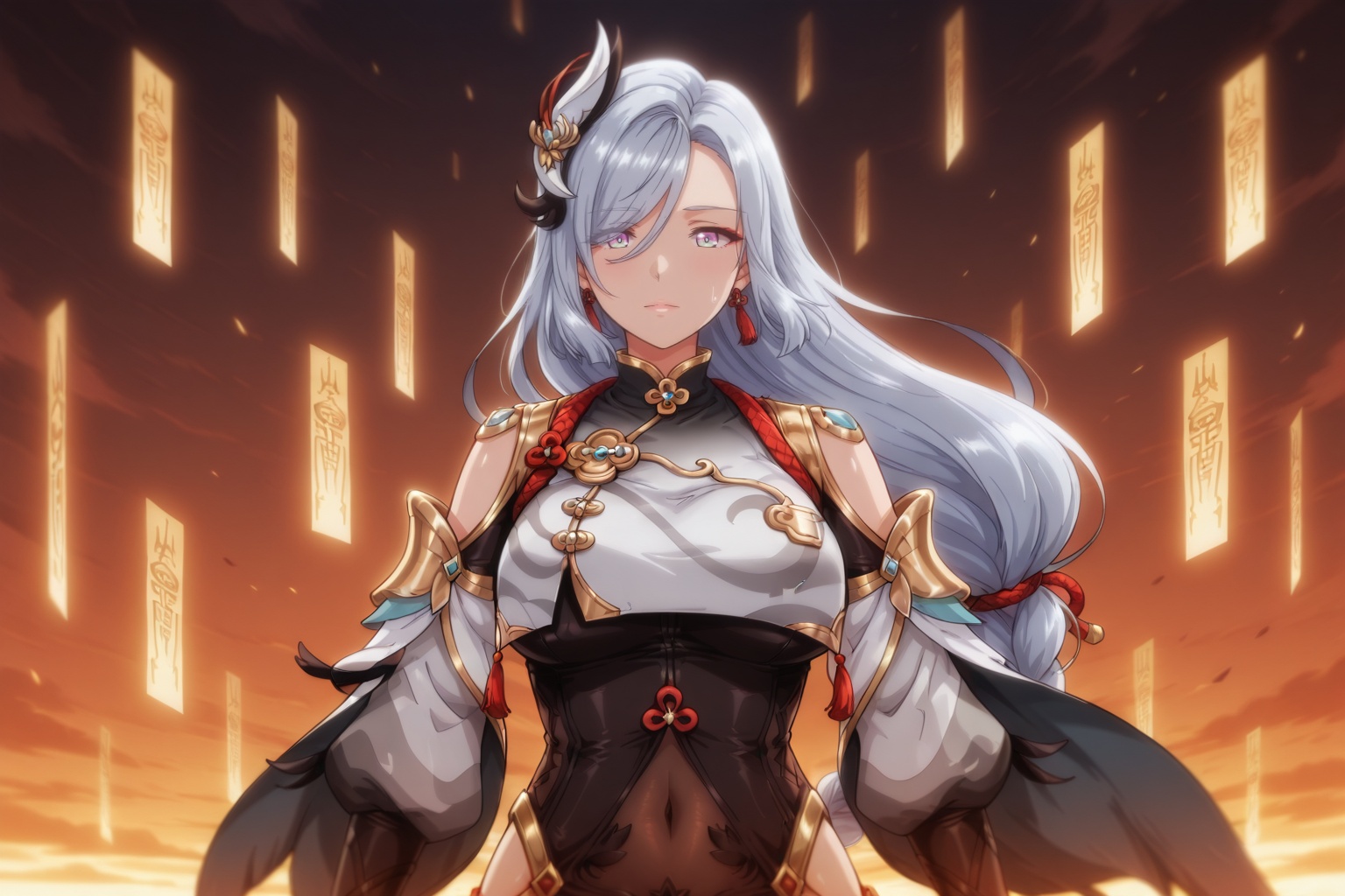 Shenhe,  exorcist warrior,  white-silver hair flowing in wind on Tensor.Art