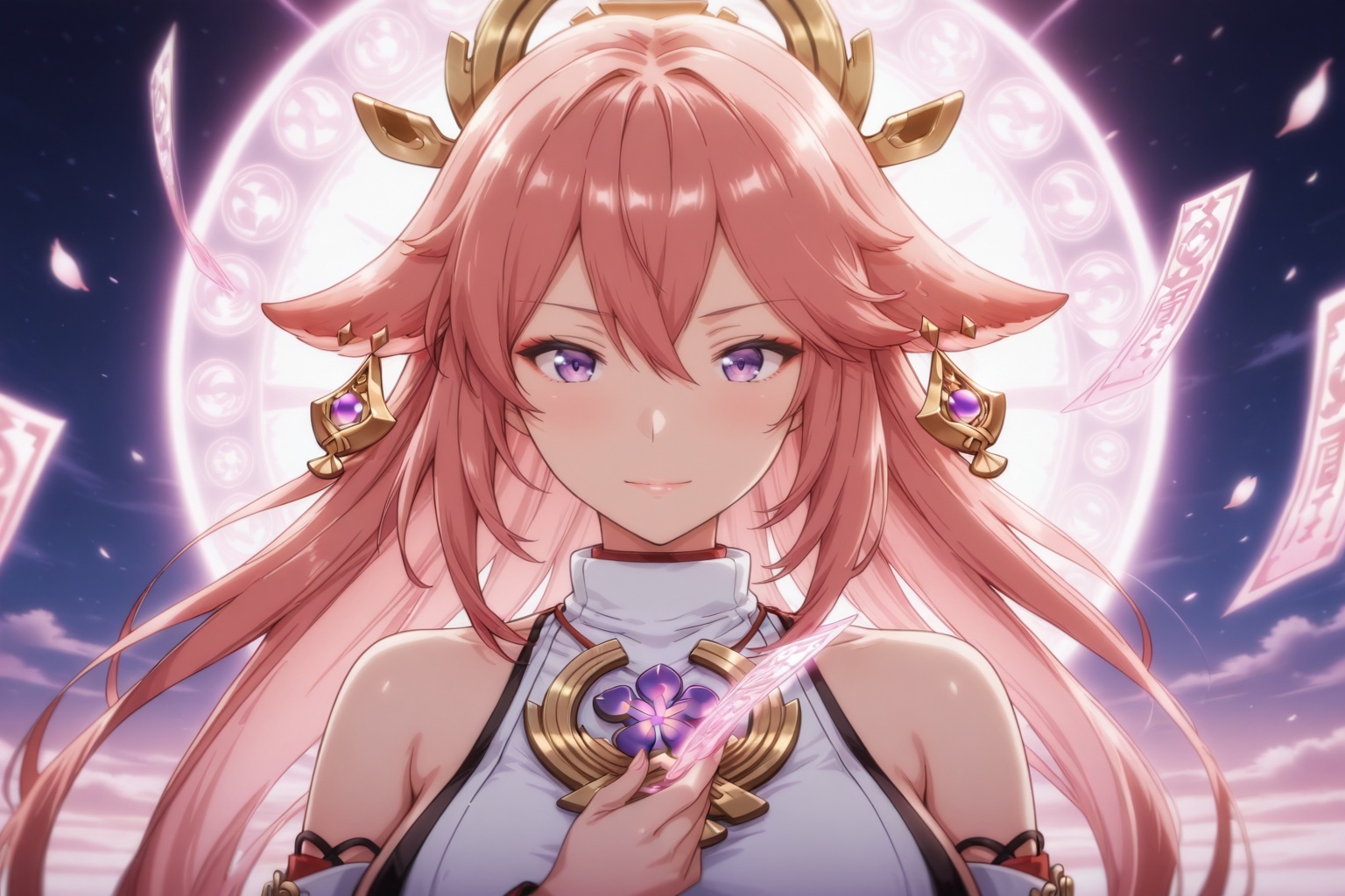 Yae Miko,  divine fox priestess,  long pink hair glowing in moonlight on Tensor.Art