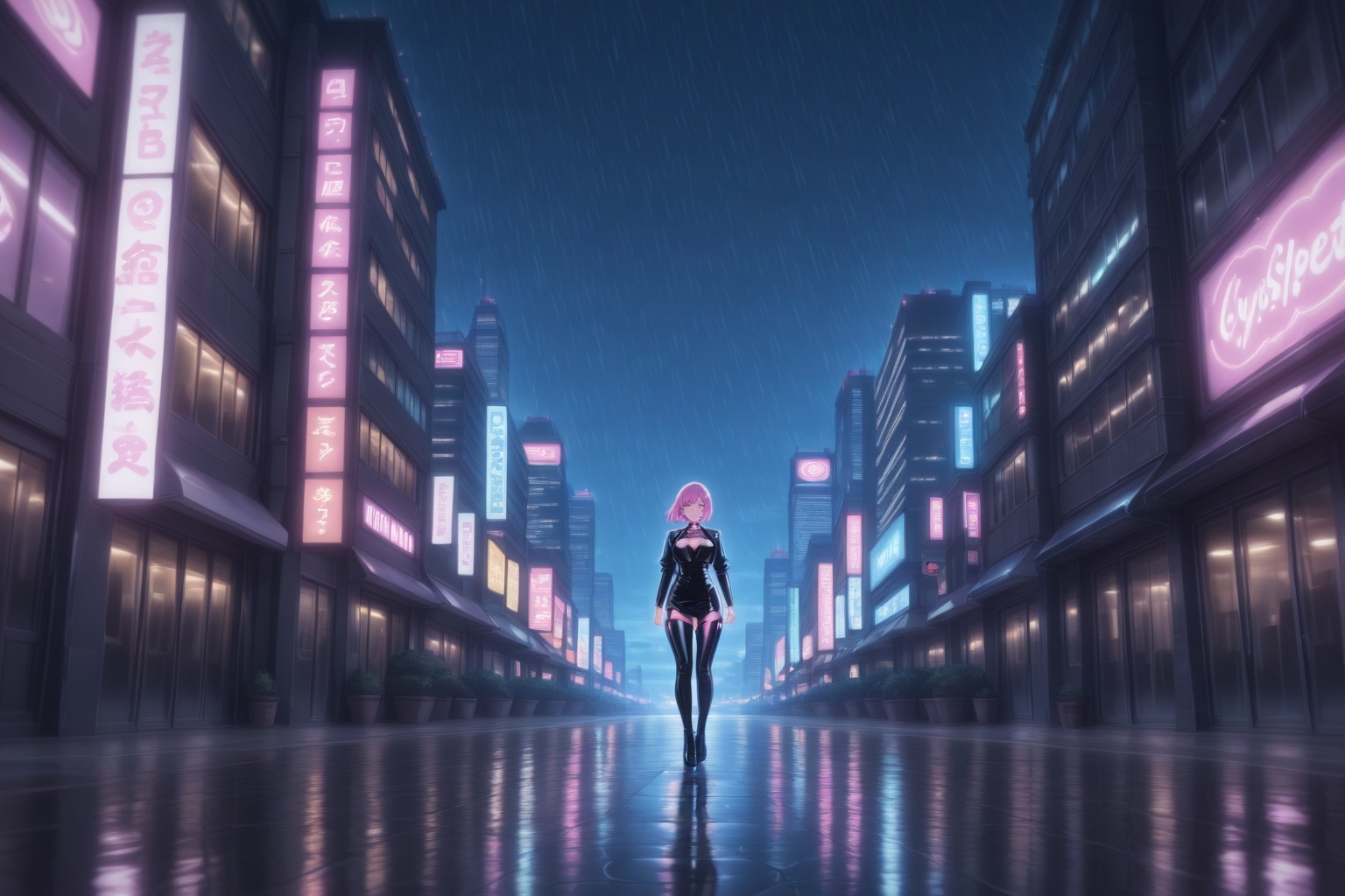 Futuristic cyberpunk woman walking through neon-lit Tokyo street at night,  ultra-detailed,  reflective leather outfit on...