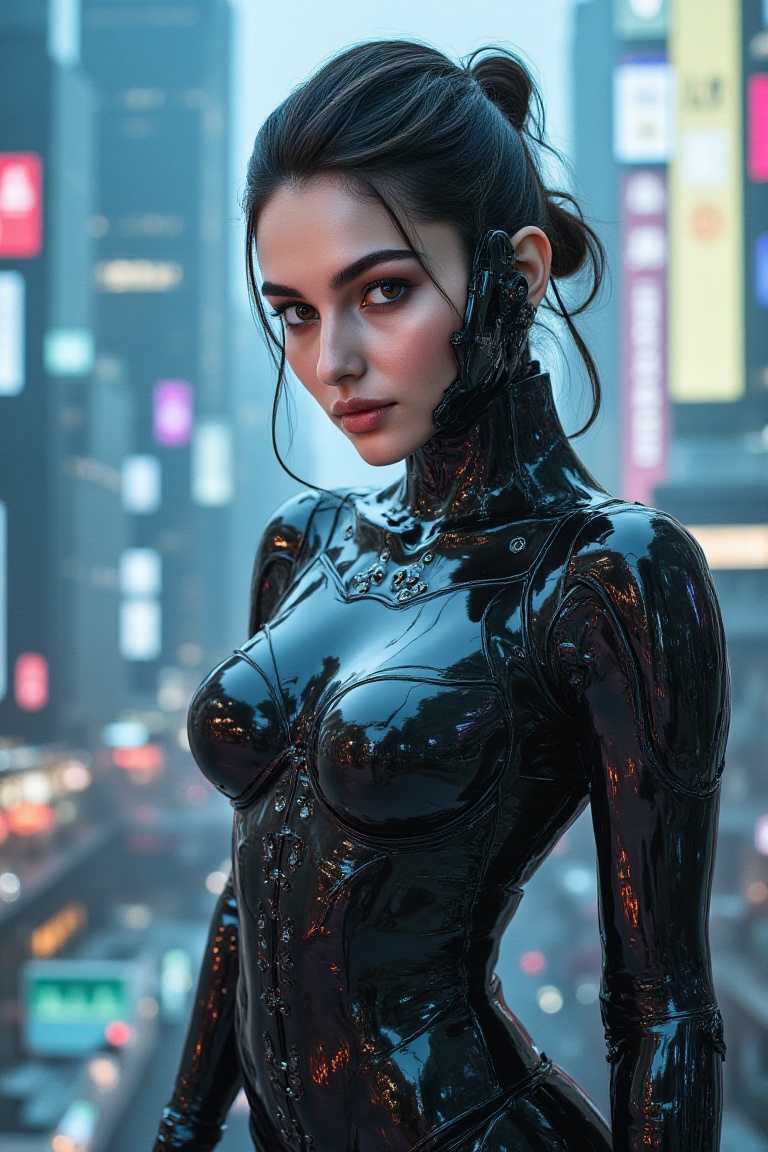 A futuristic femme fatale stands,  her cybernetic robot attire glistening under soft even lighting. Her medium-bodied figu...