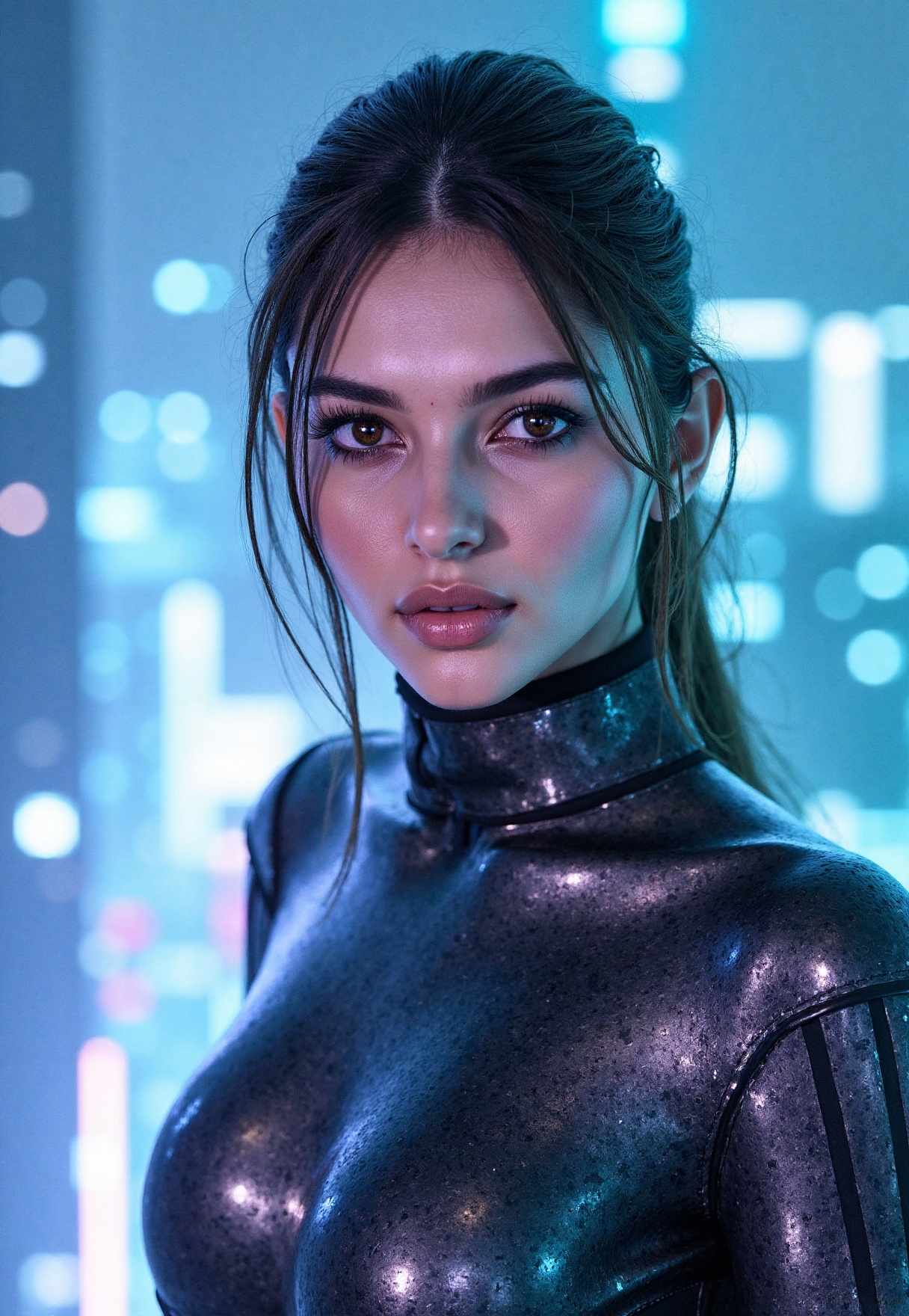 A futuristic femme fatale stands,  her cybernetic robot attire glistening under soft even lighting. Her medium-bodied figu...