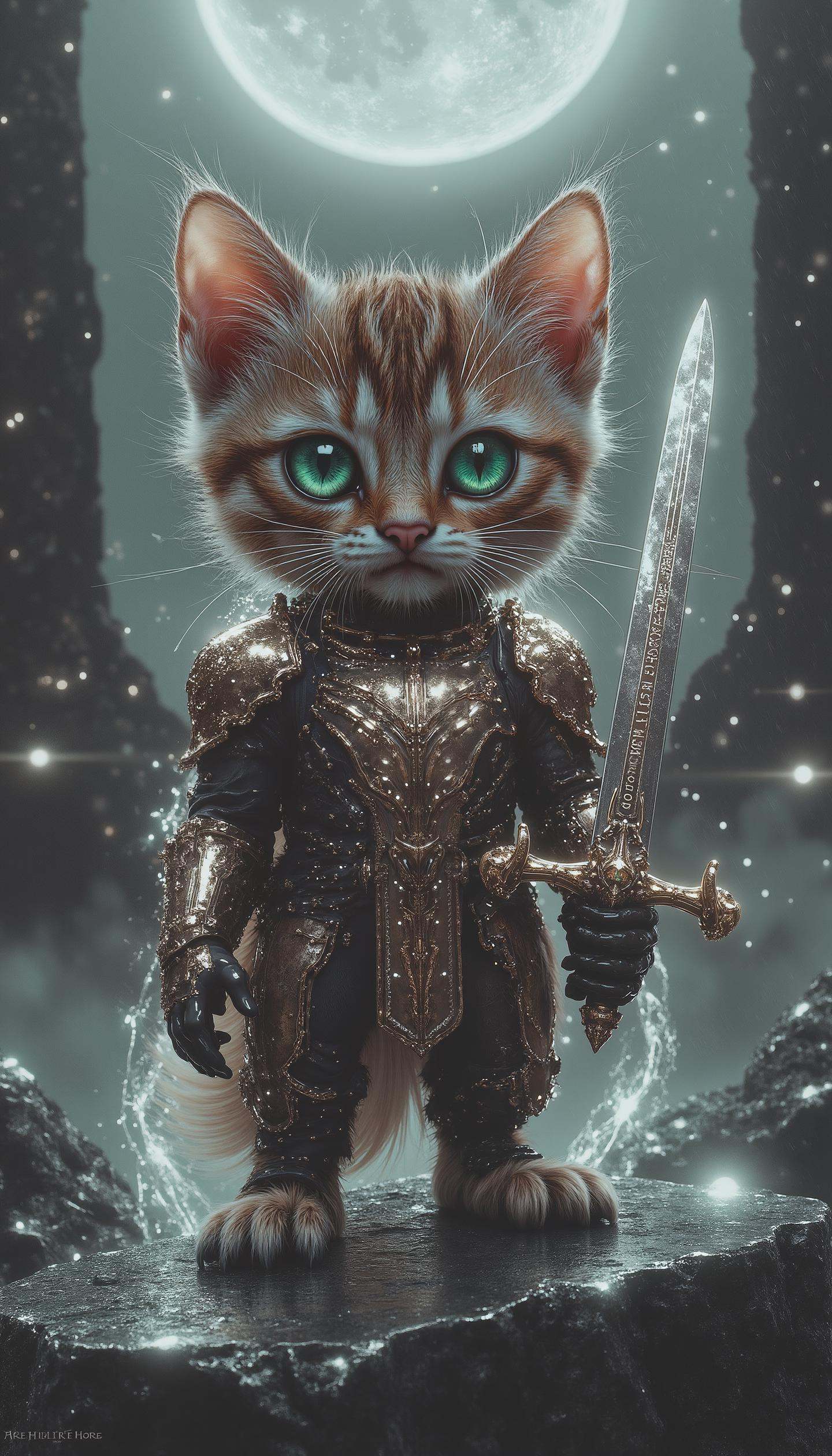 Darkfantasy-77,  a super tiny humanoid microkitten standing defiantly on a jagged obsidian plinth,  dressed like a slayer...