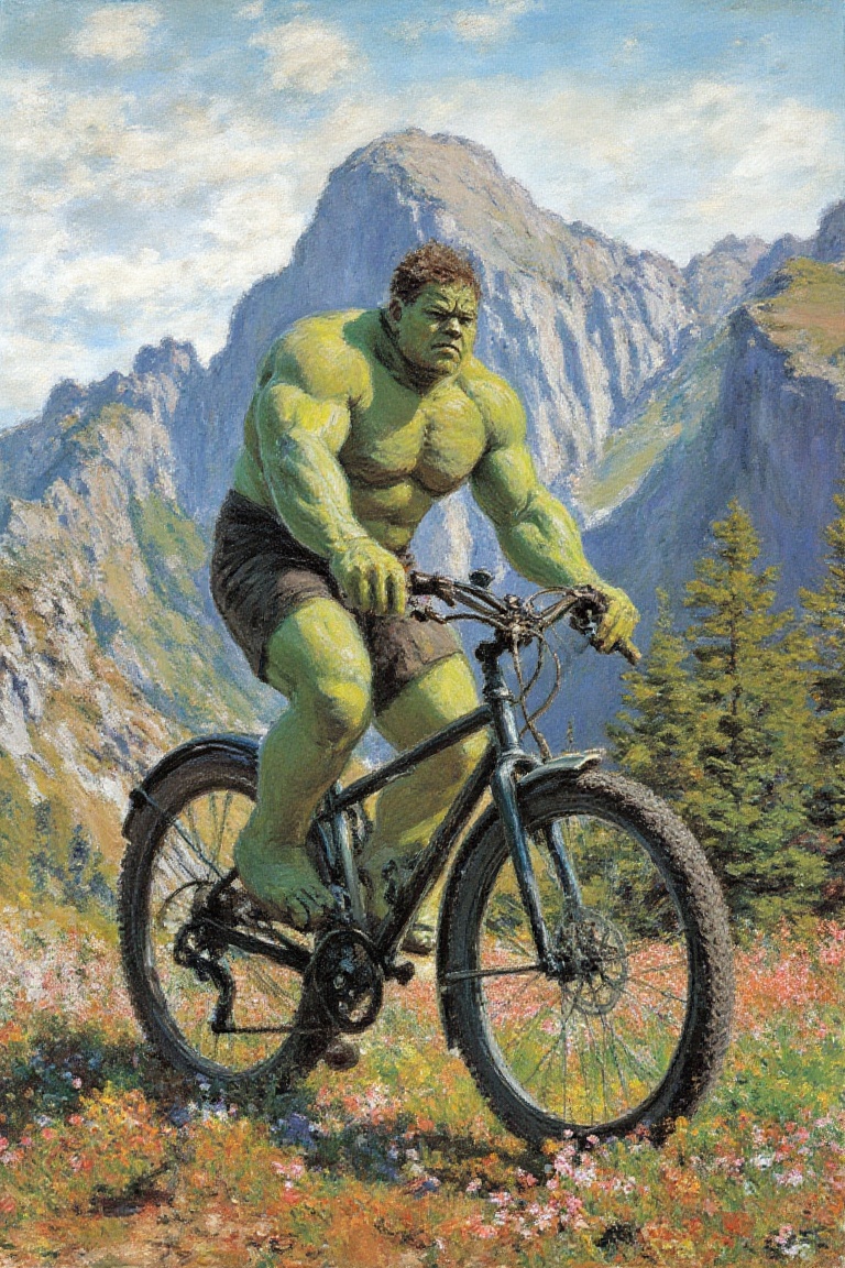 by claude monet,  impressionism style,  hulk riding a bicycle on the mountain setting on Tensor.Art
